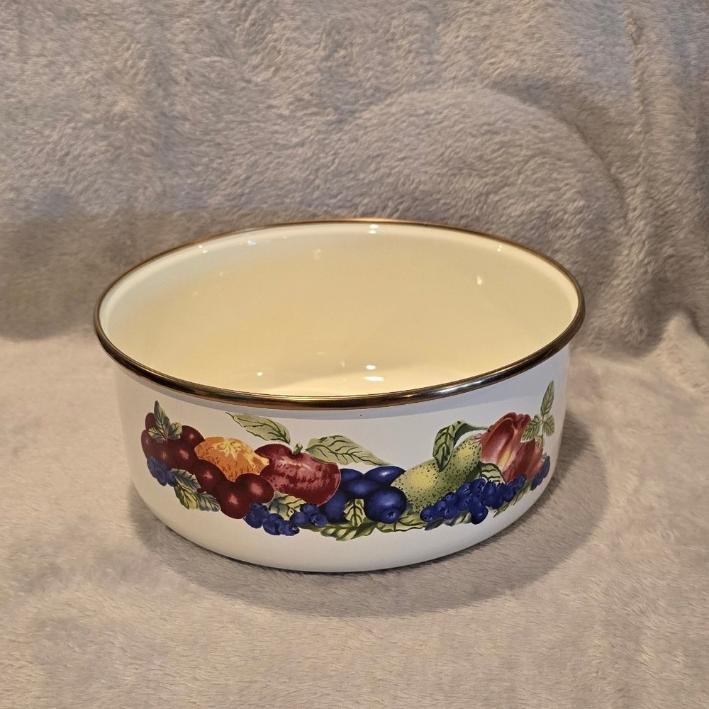Vintage Linco Fruit Pattern Enamel Serving Bowl Fruit Motif Gold Rim 6.75"